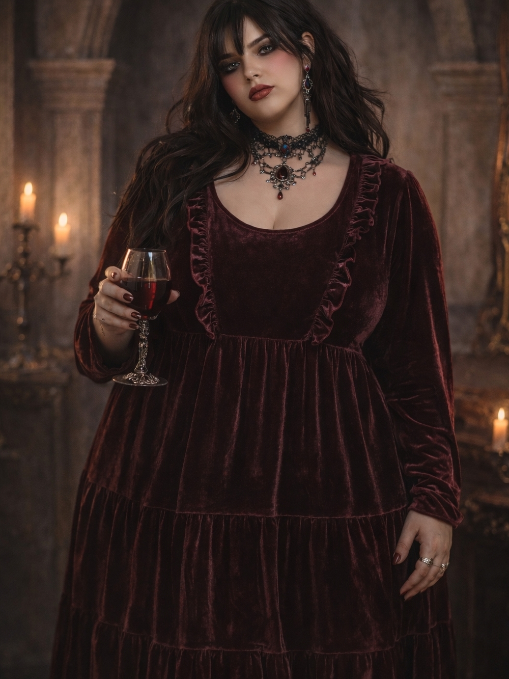 Long‎ Sleeve Velvet Tiered Dress in Deep Burgundy Dark Academia - Picture 11 of 11